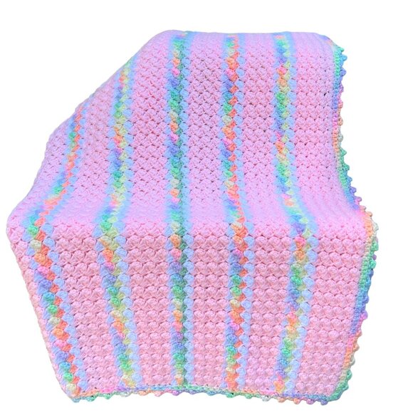 Baby Afghan Hand Crocheted 34X42 Pink Multi Color Rainbow Stripes Scalloped Edge - Picture 2 of 5